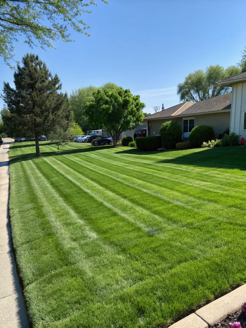 A close-up shot of a perfectly manicured lawn, showcasing the precision of Vertuose's mowing services, taken on a sunny day.