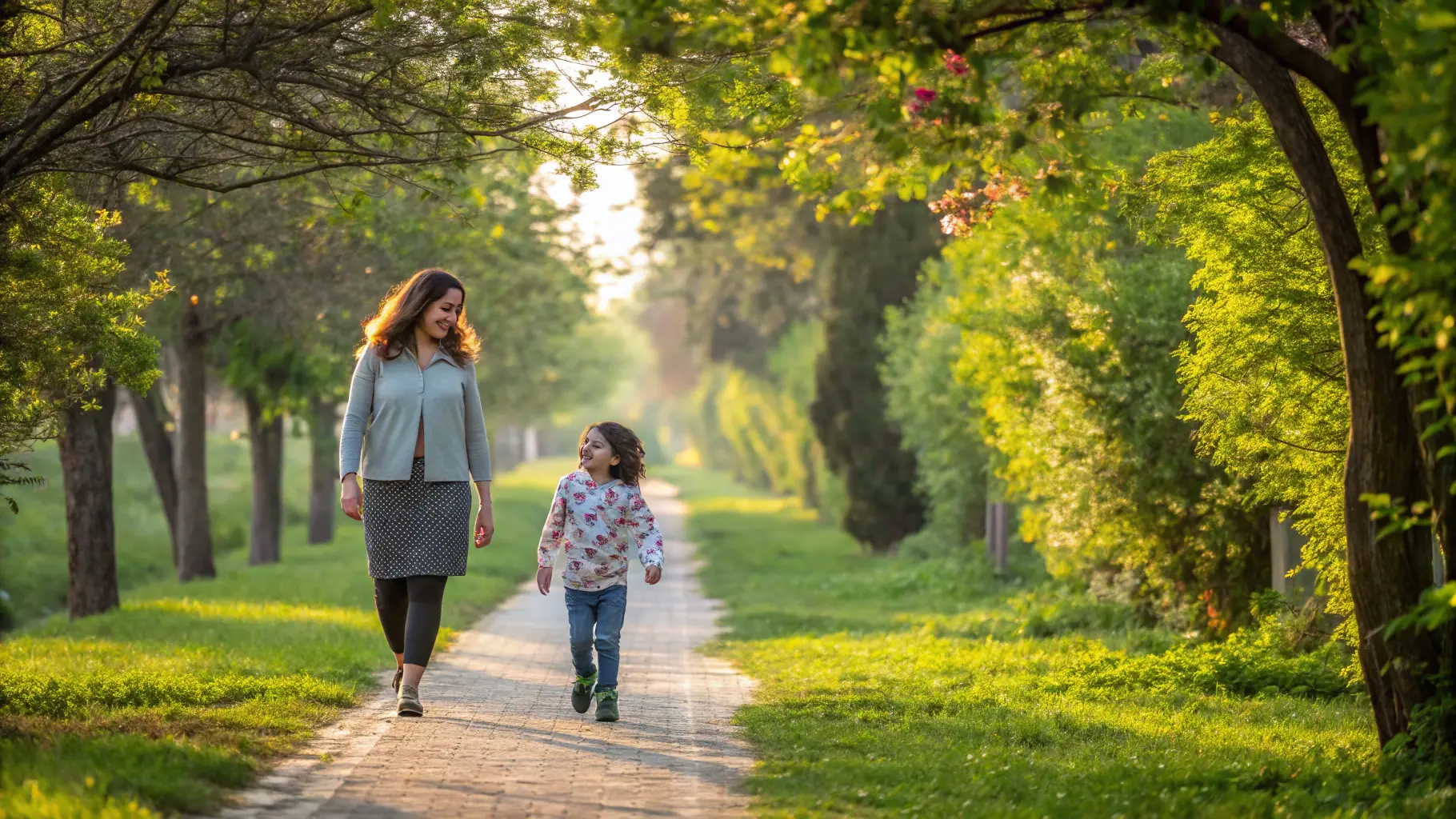 description of a confident adult walking outdoors, upright posture, natural light, calm strength