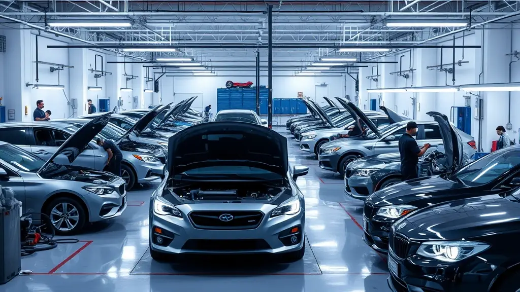 A modern automobile workshop with several cars being serviced, showcasing the automotive solutions offered by MELVOMS GLOBAL LIMITED.