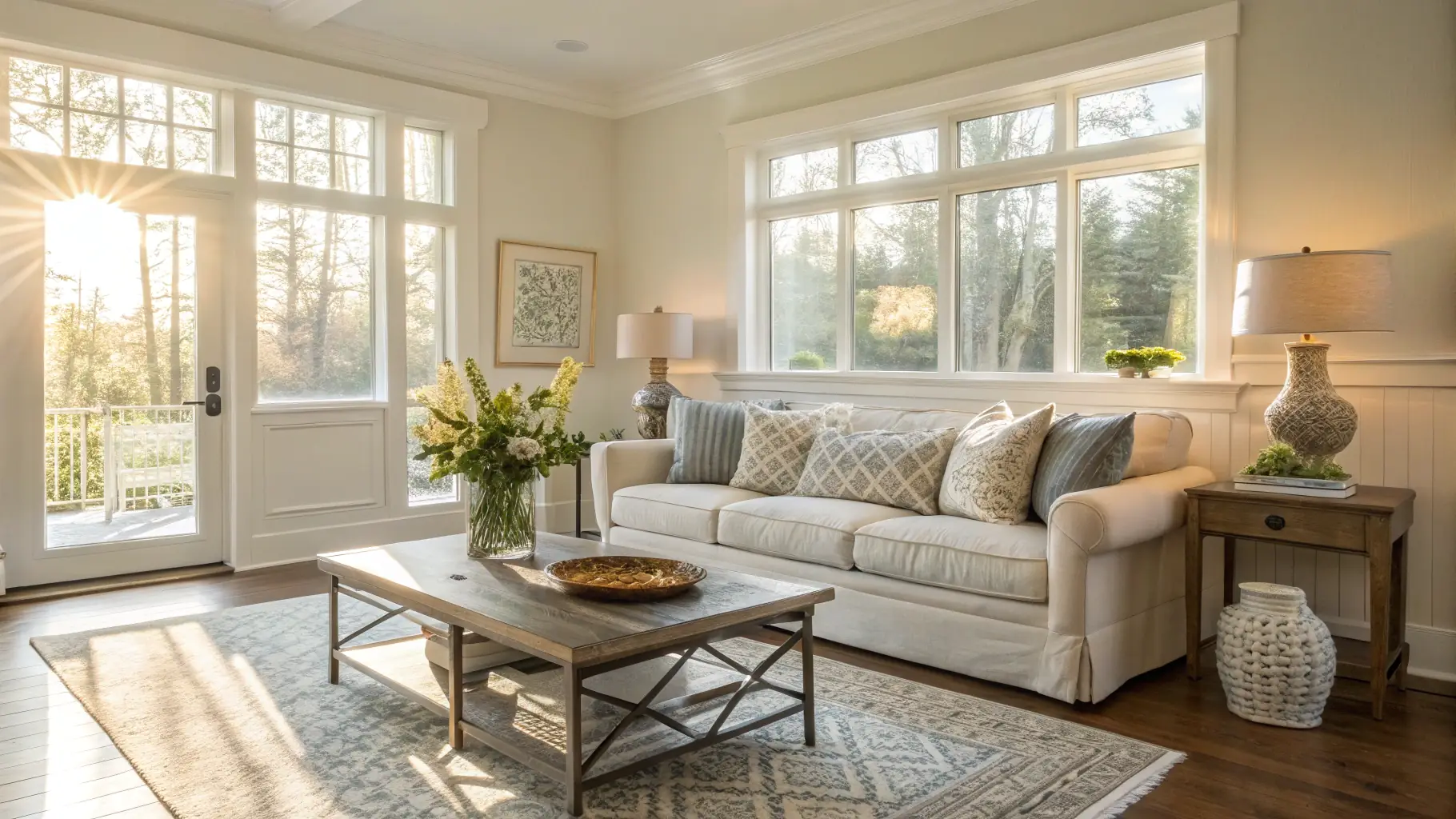 A sparkling clean living room with sunlight streaming through the windows, showcasing the results of a professional display cleaning service.