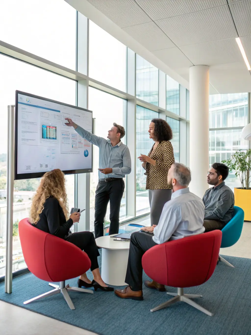 A team collaborating around a whiteboard, outlining a detailed AI roadmap with specific milestones and integration points for marketing automation tools. The atmosphere is organized and focused.