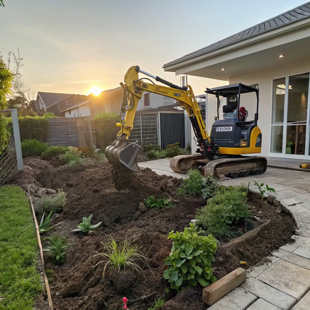 An excavator carefully digging a trench in a garden, with lush greenery in the background, showcasing the precision and efficiency of Hausmeisterservice Abboud's services.