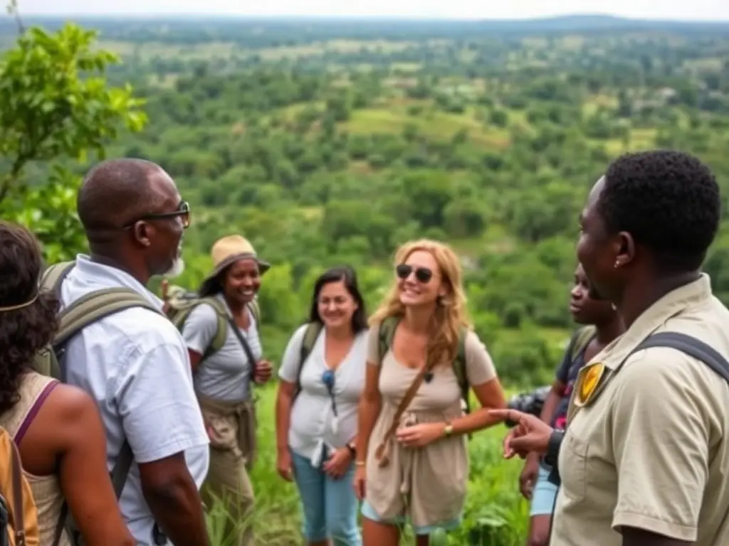 A group of tourists hiking through a lush green forest in South Sudan.