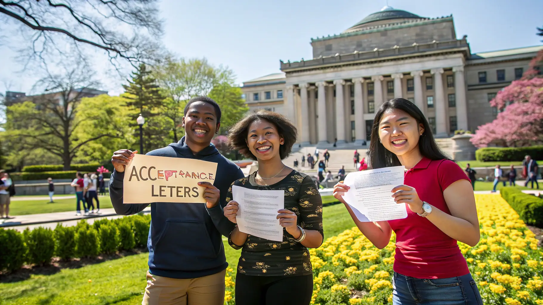 A group of diverse high school students celebrating their college acceptances with balloons and smiles, symbolizing the success of the college application program.