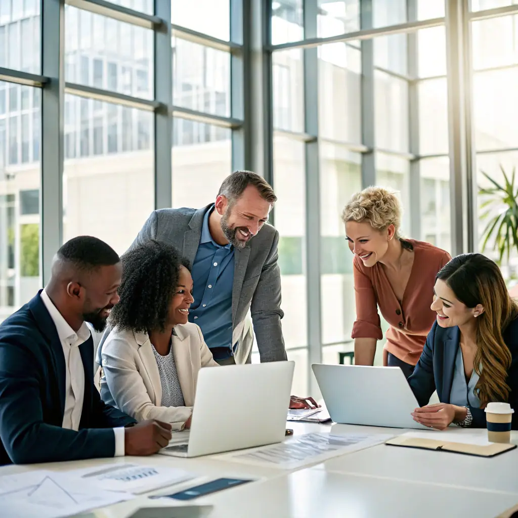 A diverse group of professionals collaborating in a modern office setting, symbolizing the integration of different teams and brands during an M&A process. The atmosphere is energetic and focused, reflecting the value of brand clarity in achieving M&A success.