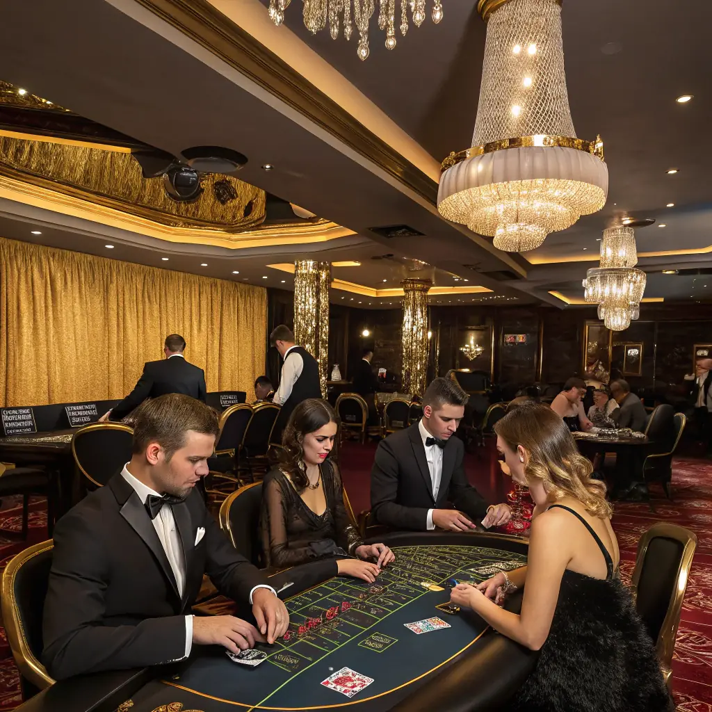 A luxurious casino interior with people playing various games, showcasing the excitement and glamour of a Newerwise casino tour. The image should convey a sense of adventure and high-end entertainment.