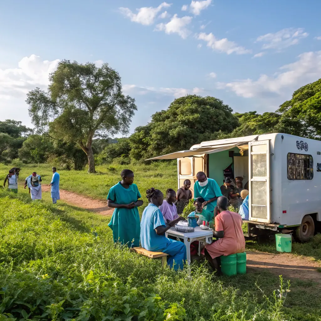 a professional team of healthcare workers and volunteers in action, providing medical supplies and support in rural clinics, with a focus on community health and accessibility