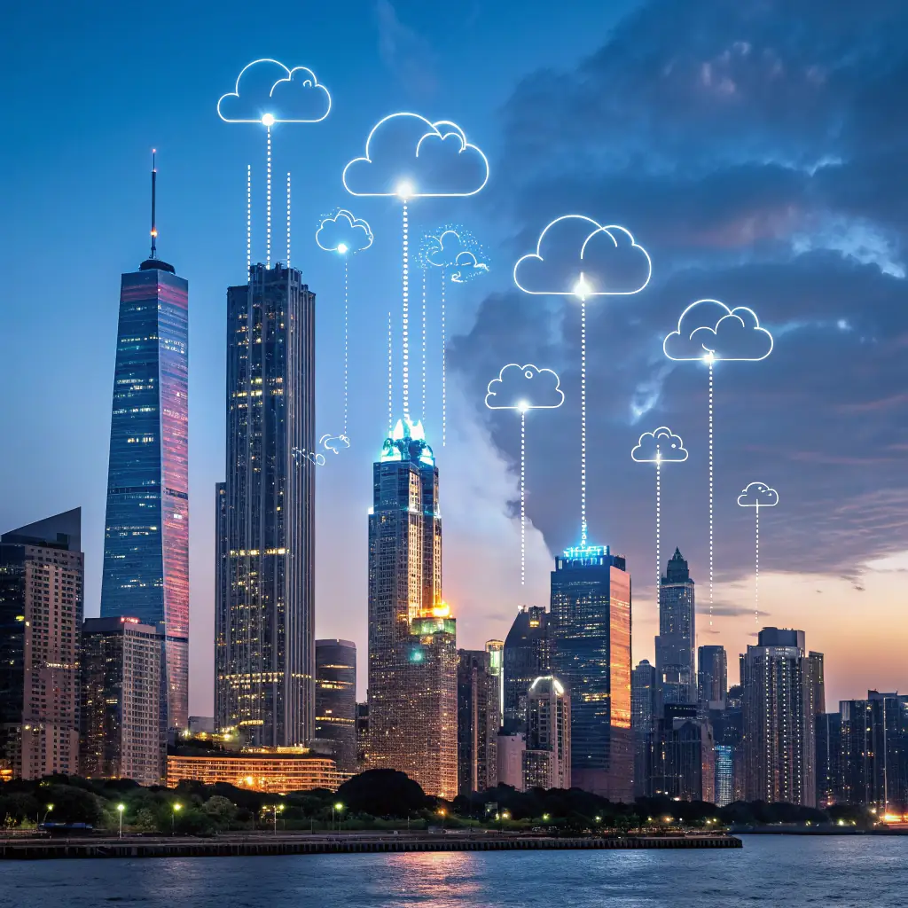 A futuristic cityscape with a secure data center in the background, symbolizing robust security and managed support for WordPress websites. The image should convey trust, reliability, and advanced technology.