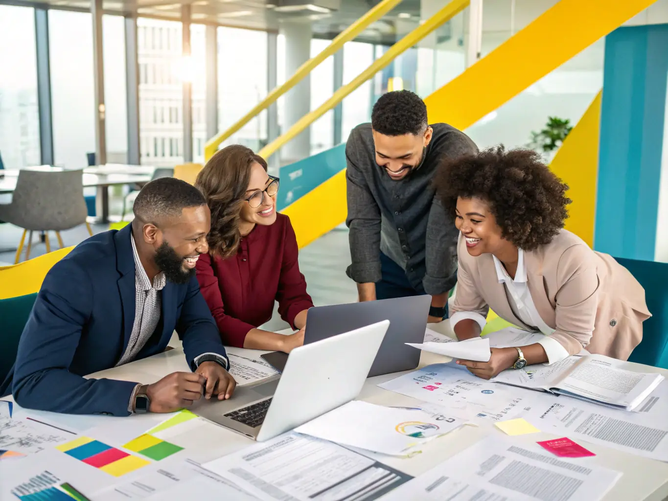 A diverse team collaborating on HR strategies in a bright, open office, representing Frontline Solutions' comprehensive human resources consulting services.