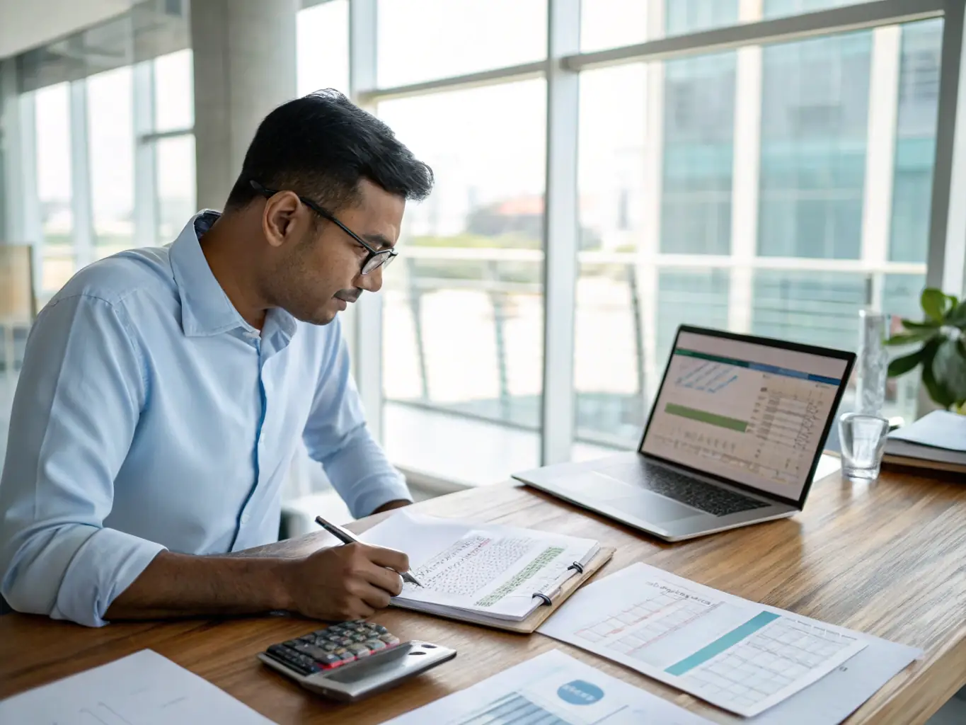 A professional accountant reviewing financial statements in a modern office setting, symbolizing Frontline Solutions' commitment to accurate and reliable accounting services.