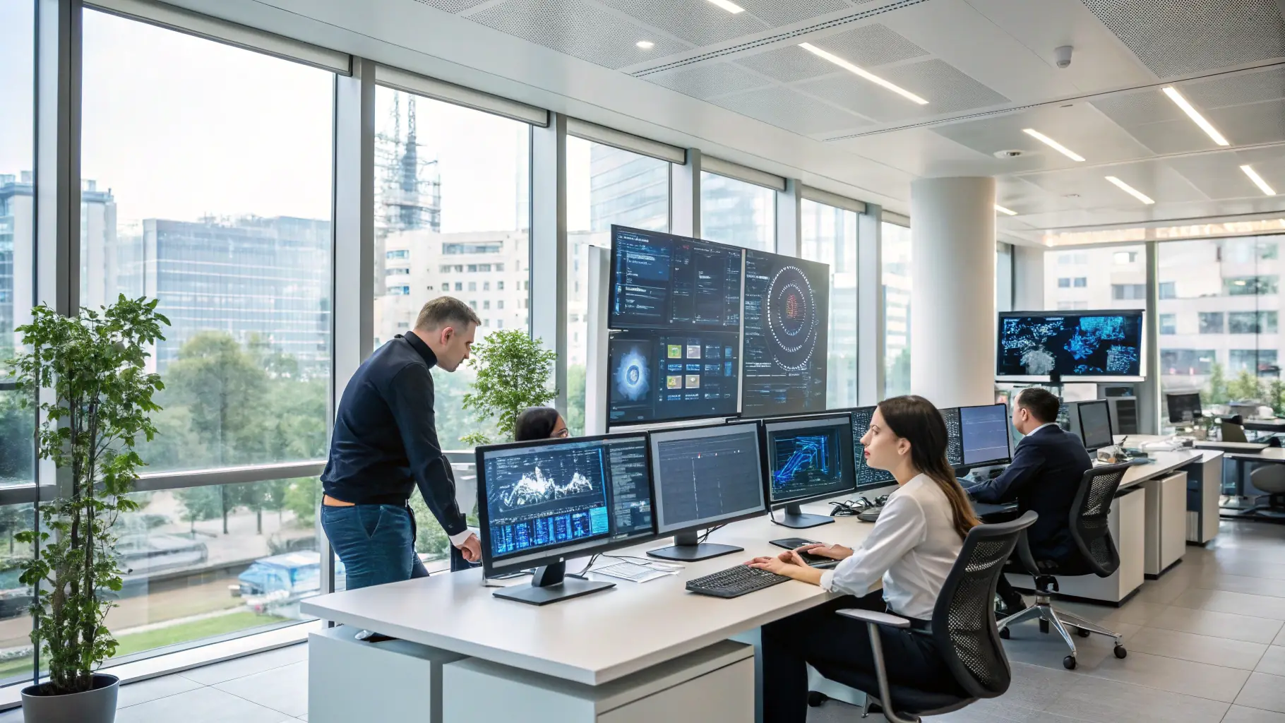 Description of a modern workspace with AI tools and entrepreneurs collaborating, symbolizing innovation and accessibility