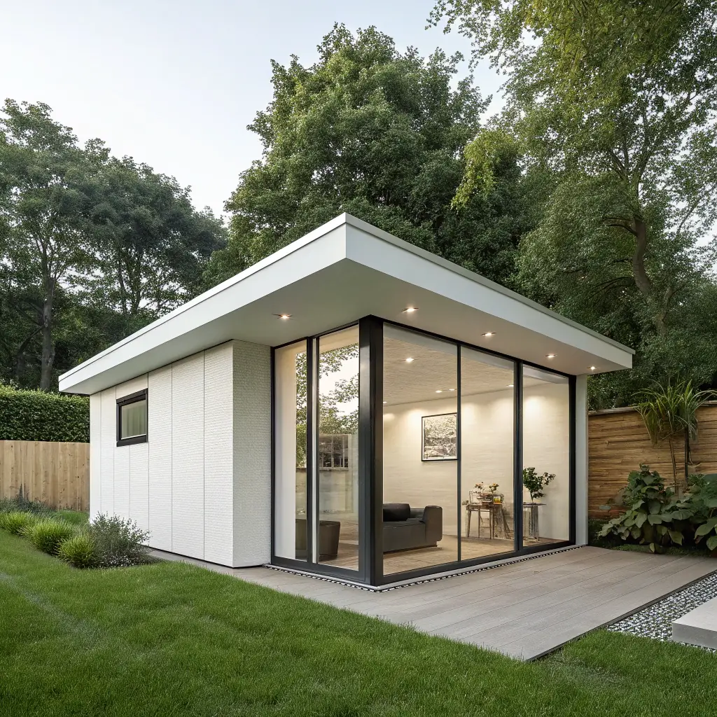 A modern ADU (Accessory Dwelling Unit) in a Los Angeles backyard, showcasing its stylish design and integration with the existing landscape. The image should convey a sense of quality construction and enhanced property value.