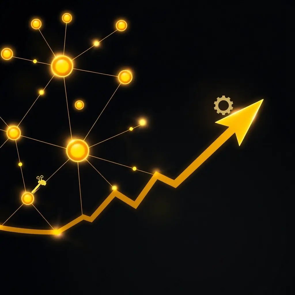 A visually striking image featuring a dark background with glowing gold network nodes and rising candlestick charts, subtly incorporating icons of automated trading (robot arm or gear) and networking (connected nodes). A gold accent line or arrow points right, suggesting momentum. The overall aesthetic is clean, modern, and professional, with ample negative space for clarity.