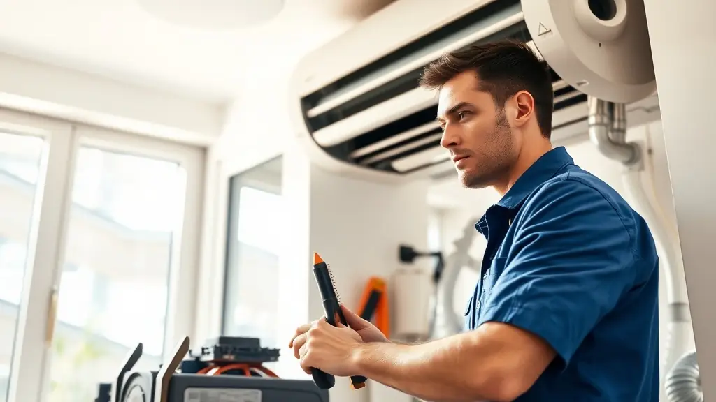 A professional photo showcasing a VVS technician performing routine maintenance on a modern heating system in a home in Värmland, Sweden. The technician should be focused and competent, and the environment should be clean and well-lit, conveying trust and reliability.
