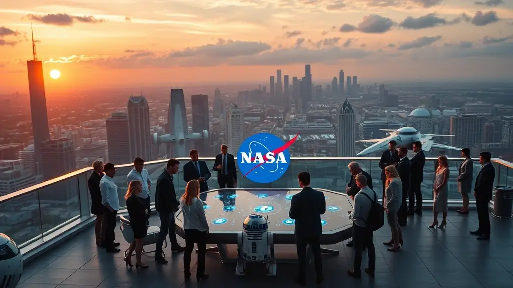 A futuristic space-themed meeting with a rooftop view of Houston, NASA Johnson Space Center, featuring R2-D2, X-Wing Fighter, AI robots, SEO gurus, Google logos, and data scientists collaborating with President Trump and Senator Ted Cruz.