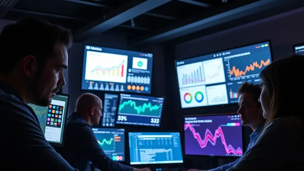 A high-tech control room with multiple screens displaying analytics dashboards, charts, and digital marketing data, symbolizing data analysis and digital strategy.