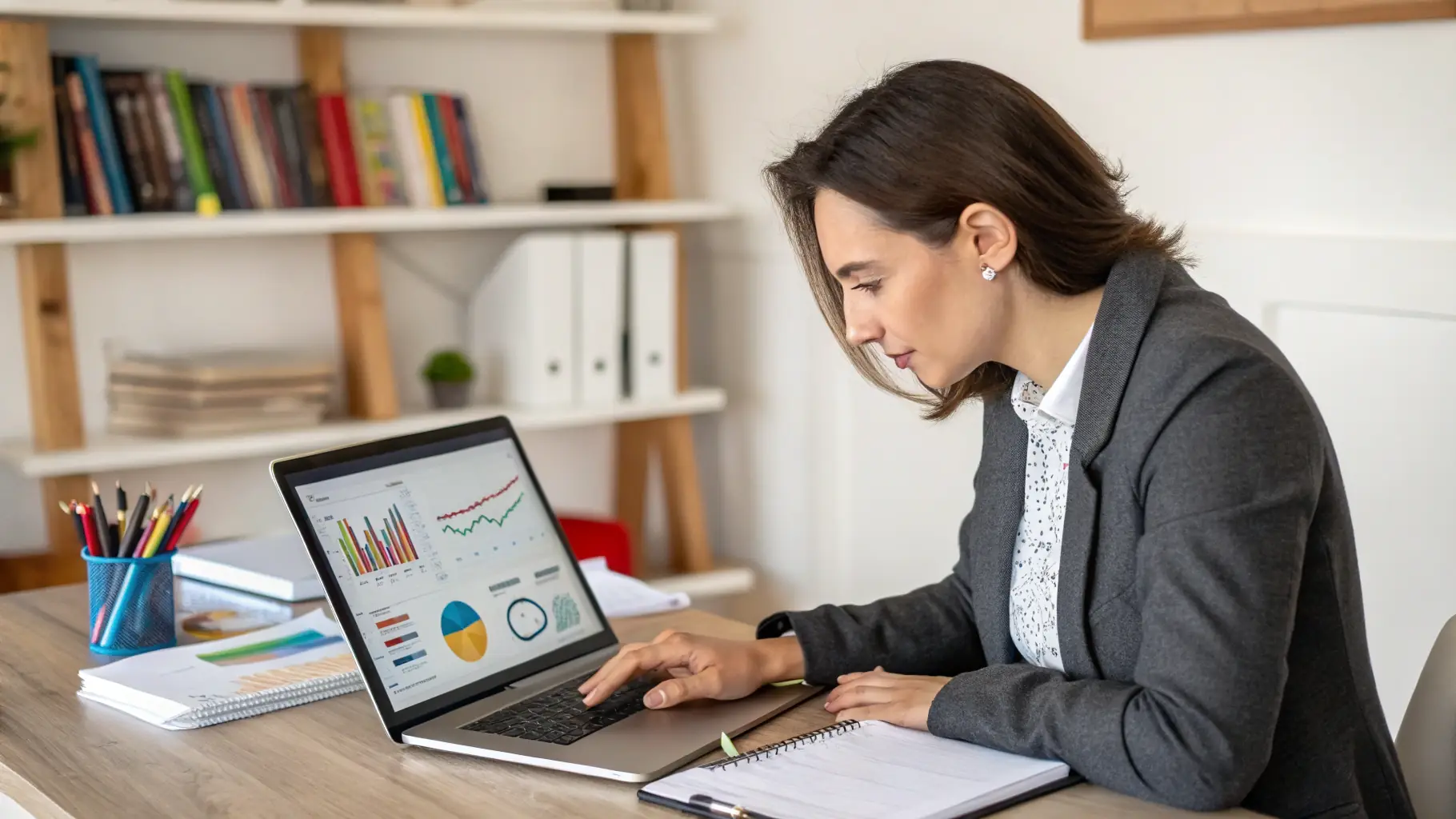 A consultant analyzing data on a computer screen, with a focus on SEO and digital marketing strategies.