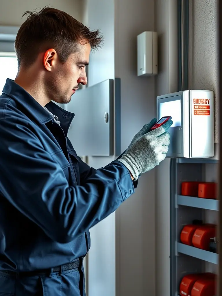 A technician in Epping is shown using specialized equipment to test an emergency light, ensuring it activates correctly during a power outage for safety.
