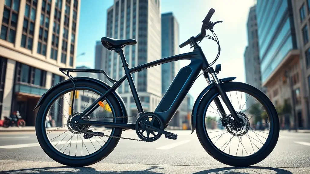A sleek, modern electric bicycle with a black frame and blue accents, photographed in a sunny urban setting.