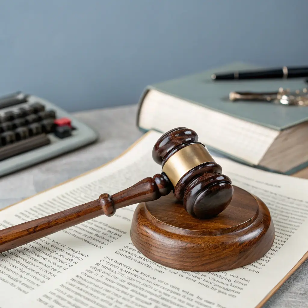 A close-up shot of a gavel resting on a stack of official government documents, symbolizing legal authority and compliance.
