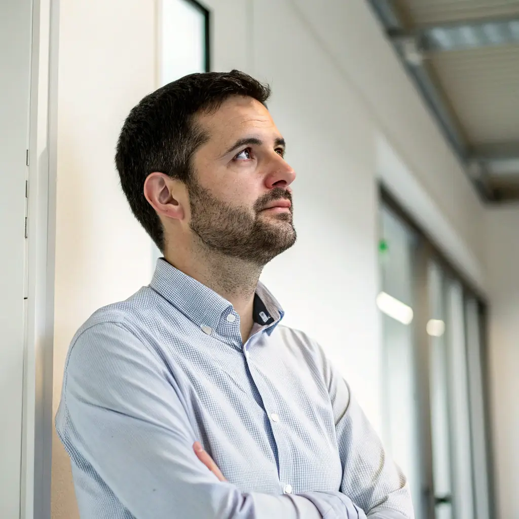 Ben is a man in his early 30s with a neatly trimmed beard and a focused expression. He has short, dark hair and wears a casual but stylish button-down shirt.