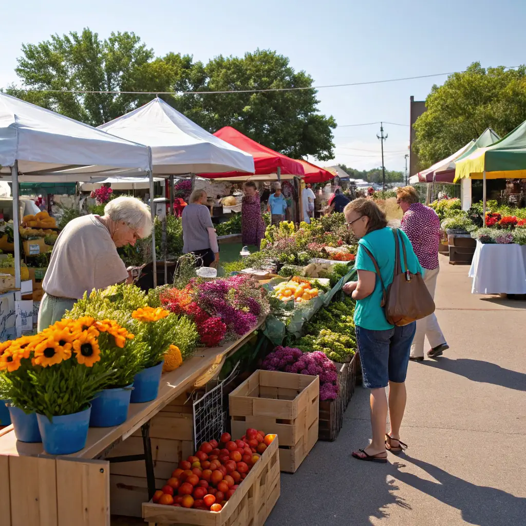 A vibrant image of a thriving local farmer's market, showcasing a variety of fresh produce, homemade goods, and renewable energy products, emphasizing the potential for turning self-sufficiency into a profitable small business.