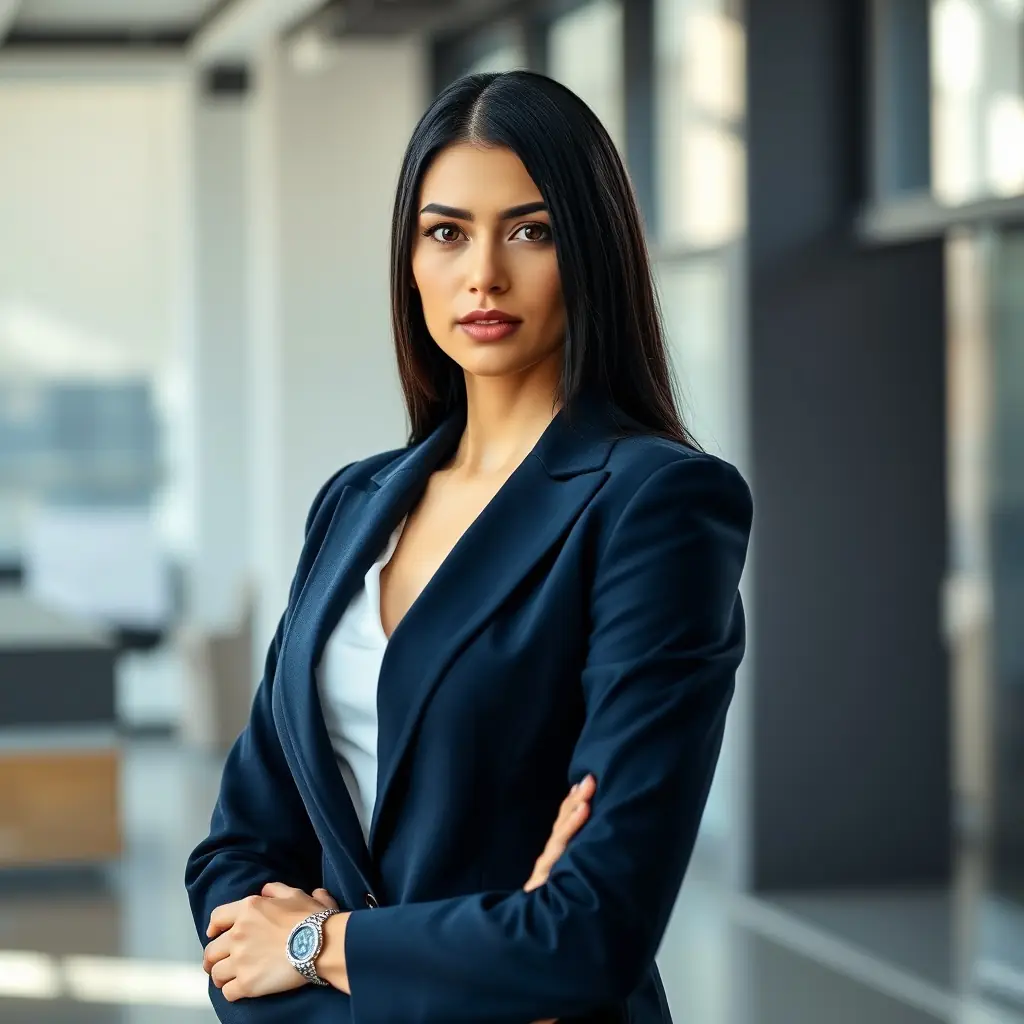 Ava is a striking woman with piercing blue eyes and a confident smile, her tailored suit reflecting her meticulous approach to every case.