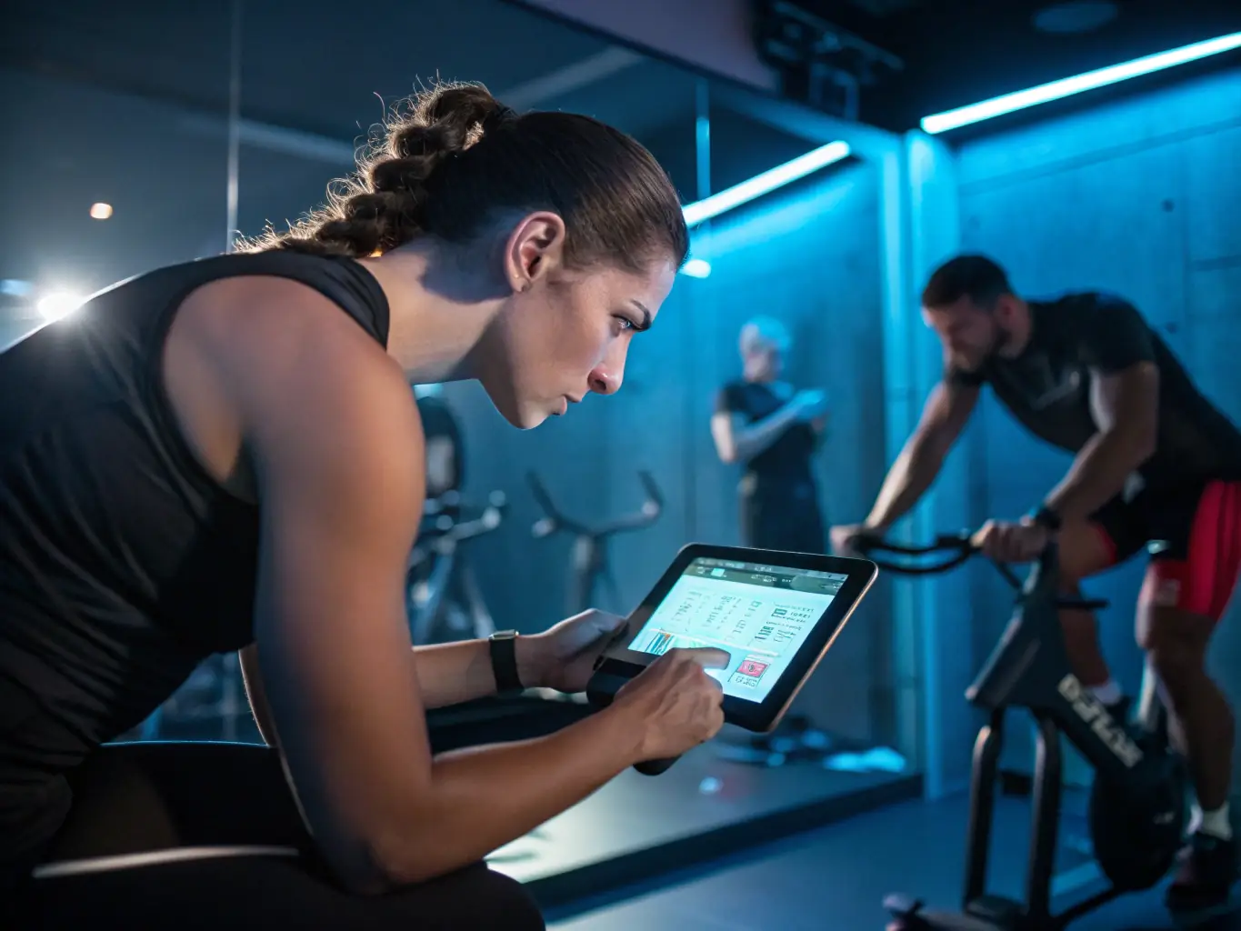 A coach is working with an athlete on a personalized training plan, using data from wearable sensors to track performance metrics. The setting is a high-tech training facility with advanced equipment.