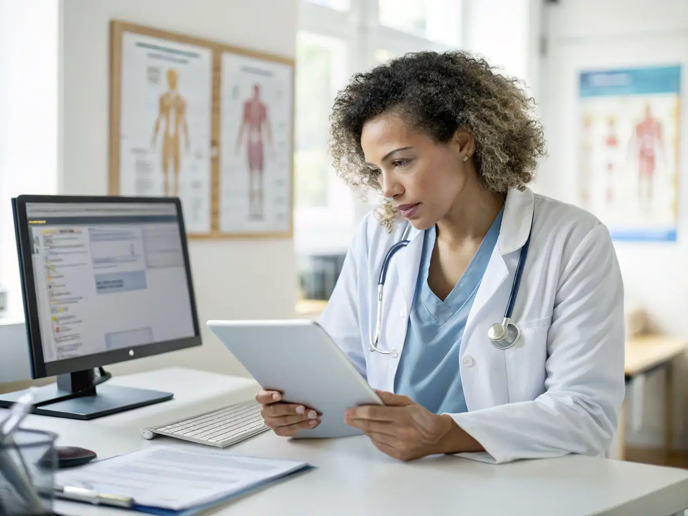 A doctor is reviewing the latest clinical research on a tablet, with graphs and data visualizations displayed on the screen. The setting is a modern office with medical textbooks and journals in the background.
