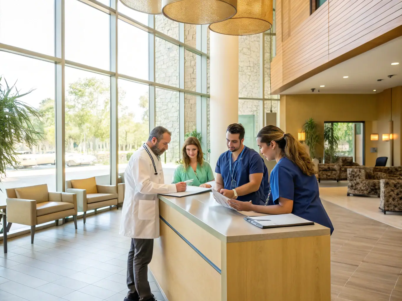 A diverse team of healthcare professionals, including a chiropractor, physiotherapist, kinesiologist, and movement specialist, are collaborating on a patient's treatment plan in a modern, well-lit clinic setting. The team is reviewing medical images and discussing the patient's progress.