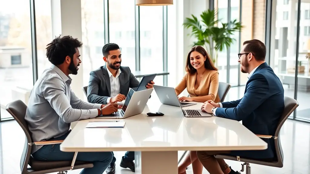Diverse professionals collaborating in a modern office setting, smiling and engaged in a discussion.