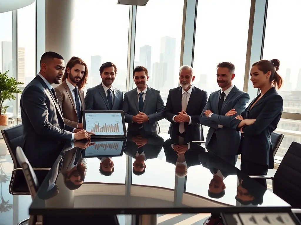 A confident business team discussing financial strategies in a modern office setting.
