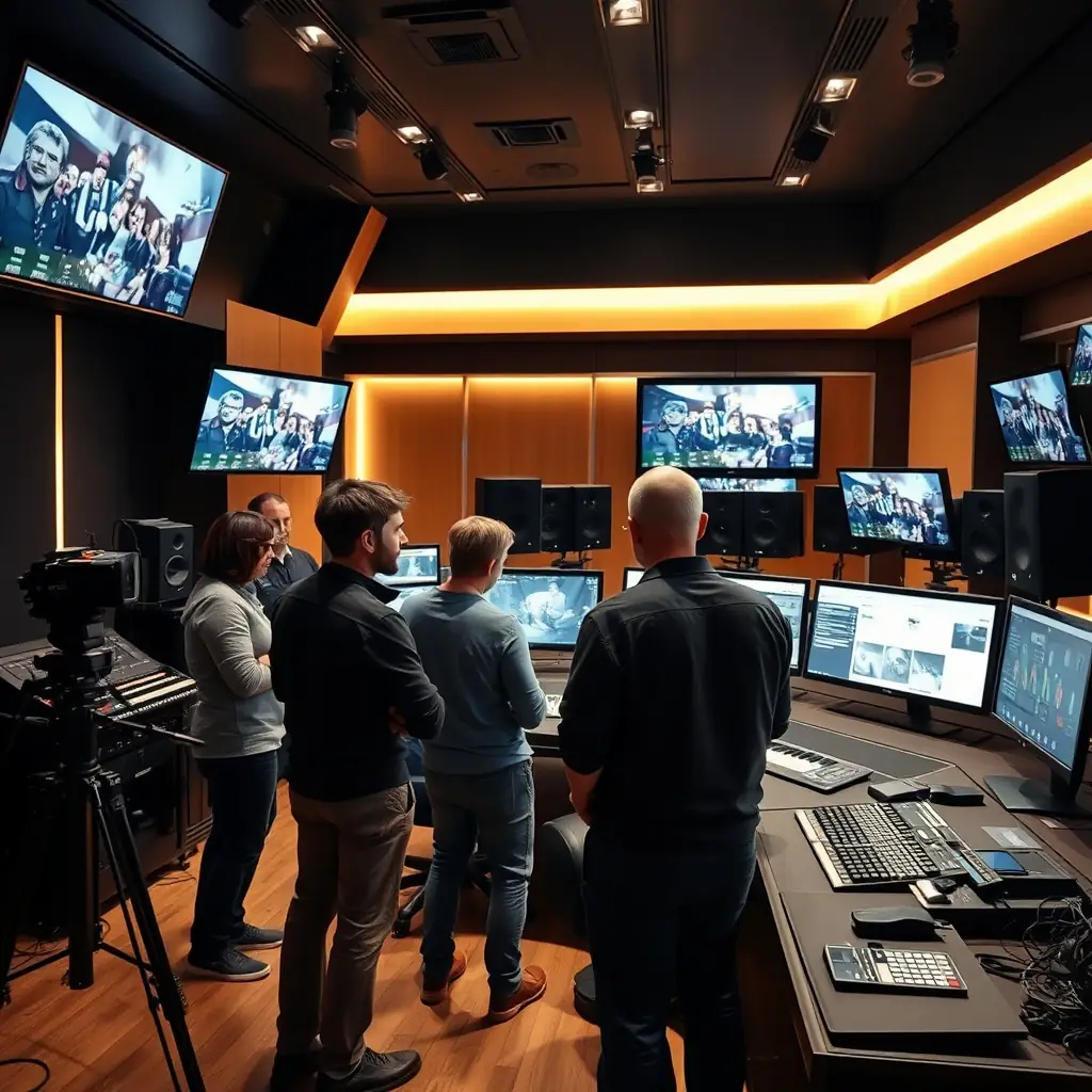 A dynamic image showcasing a diverse team collaborating in a modern post-production studio. The scene includes editors working on timelines, colorists adjusting hues, and sound engineers fine-tuning audio. The overall atmosphere is creative, collaborative, and focused on delivering high-quality results.