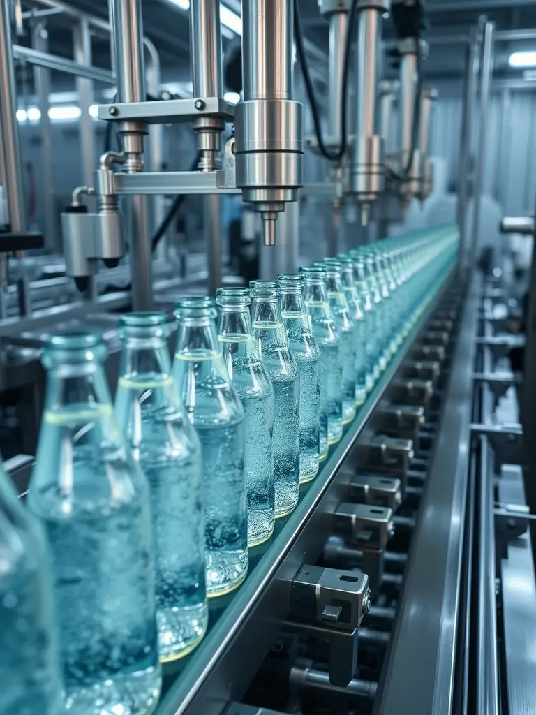 A high-angle shot of a modern beverage production line, showcasing the cold fill process with bottles being filled with a clear, sparkling beverage. The machinery is clean and efficient, with a focus on precision and hygiene.