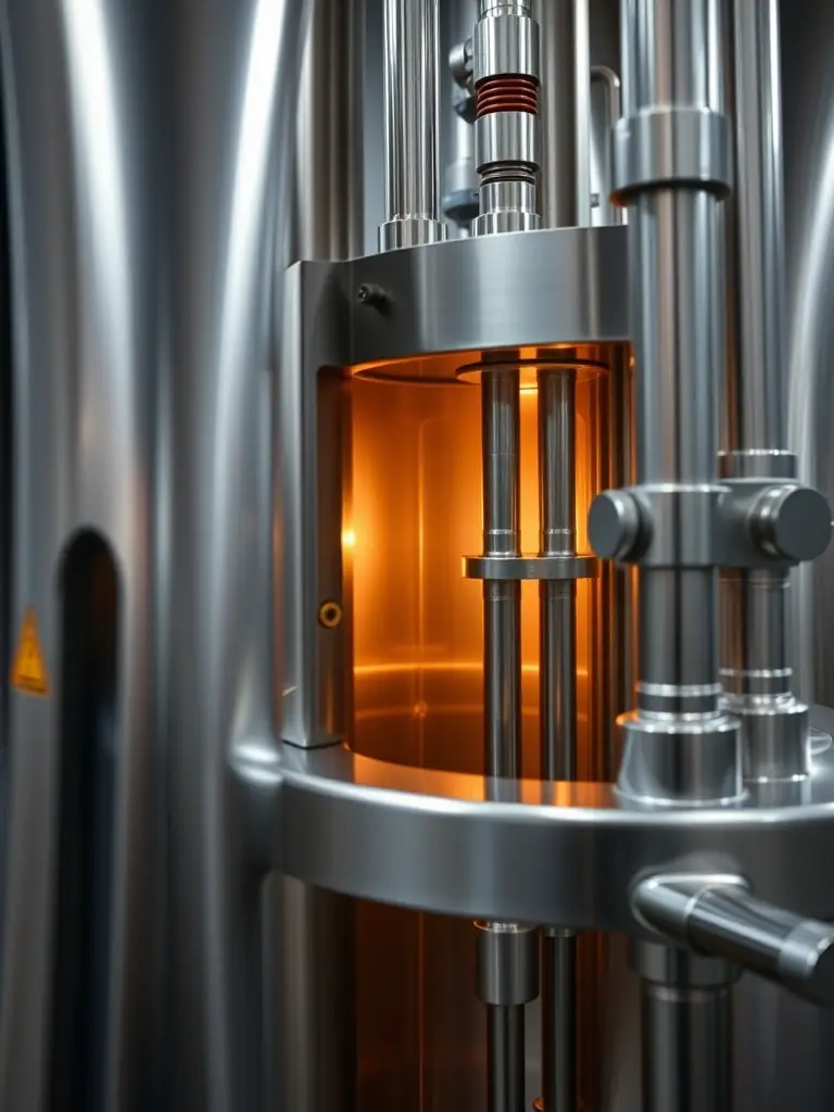 A close-up shot of a flash pasteurization unit, highlighting the rapid heating and cooling process. The equipment is stainless steel and reflects the advanced technology used.