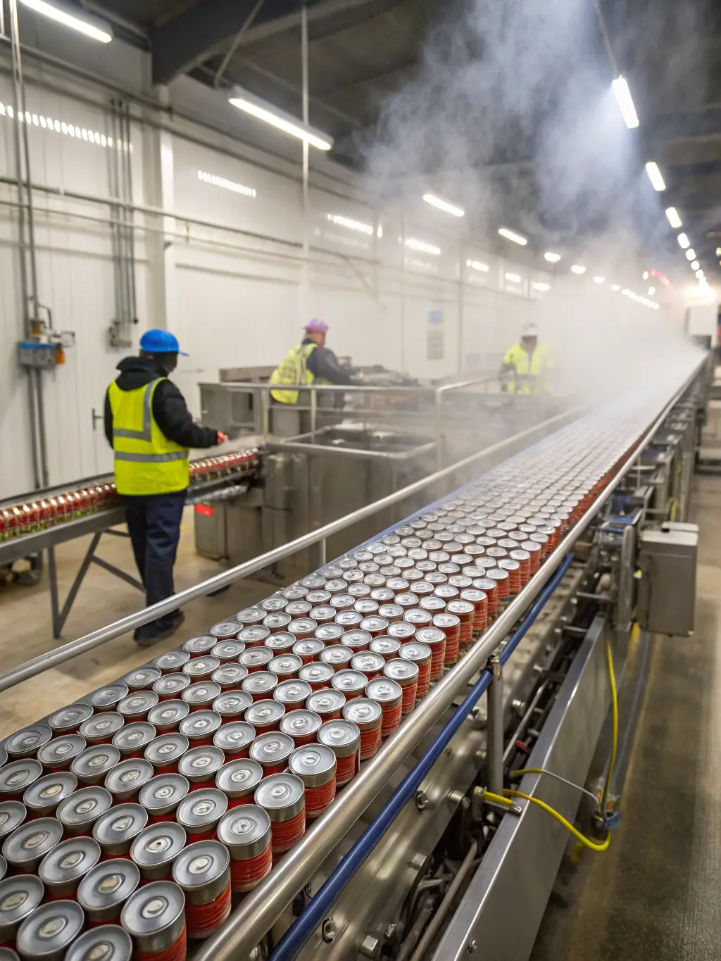 An image of a tunnel pasteurizer in operation, with bottles moving through a temperature-controlled environment. Steam and condensation are visible, indicating the pasteurization process.