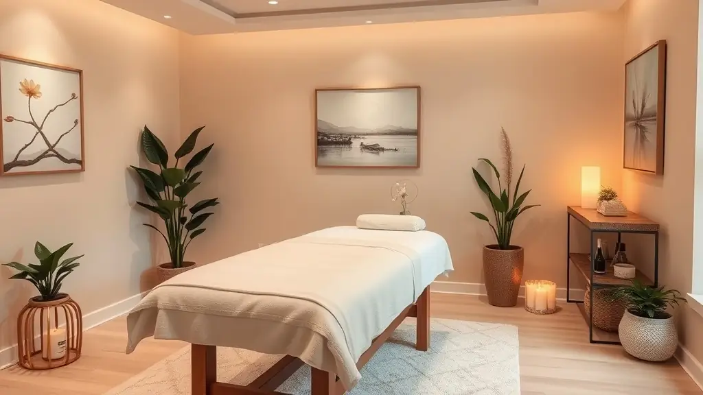 A welcoming massage therapy space with modern decor, showcasing a serene environment designed for healing and relaxation