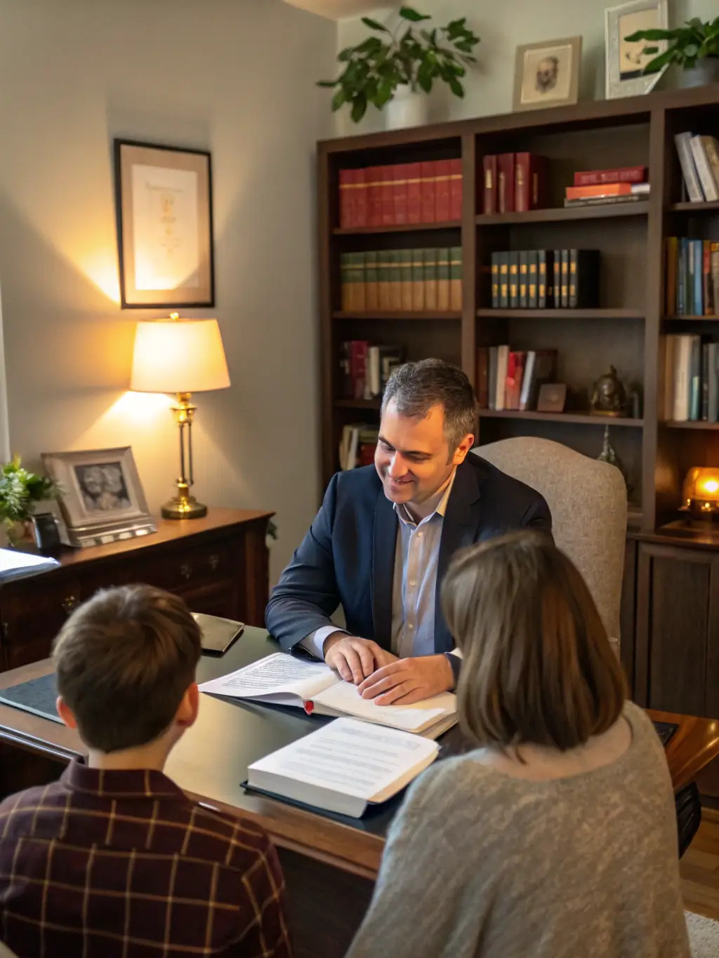 A friendly legal advisor offering personalized support and guidance to a client, emphasizing empathy and understanding.