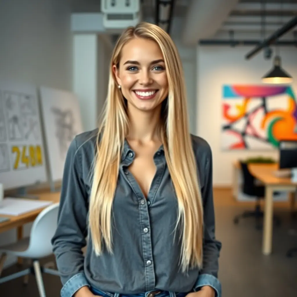 Isabelle has long, braided blonde hair and a friendly demeanor. She often wears practical clothing suitable for factory visits.
