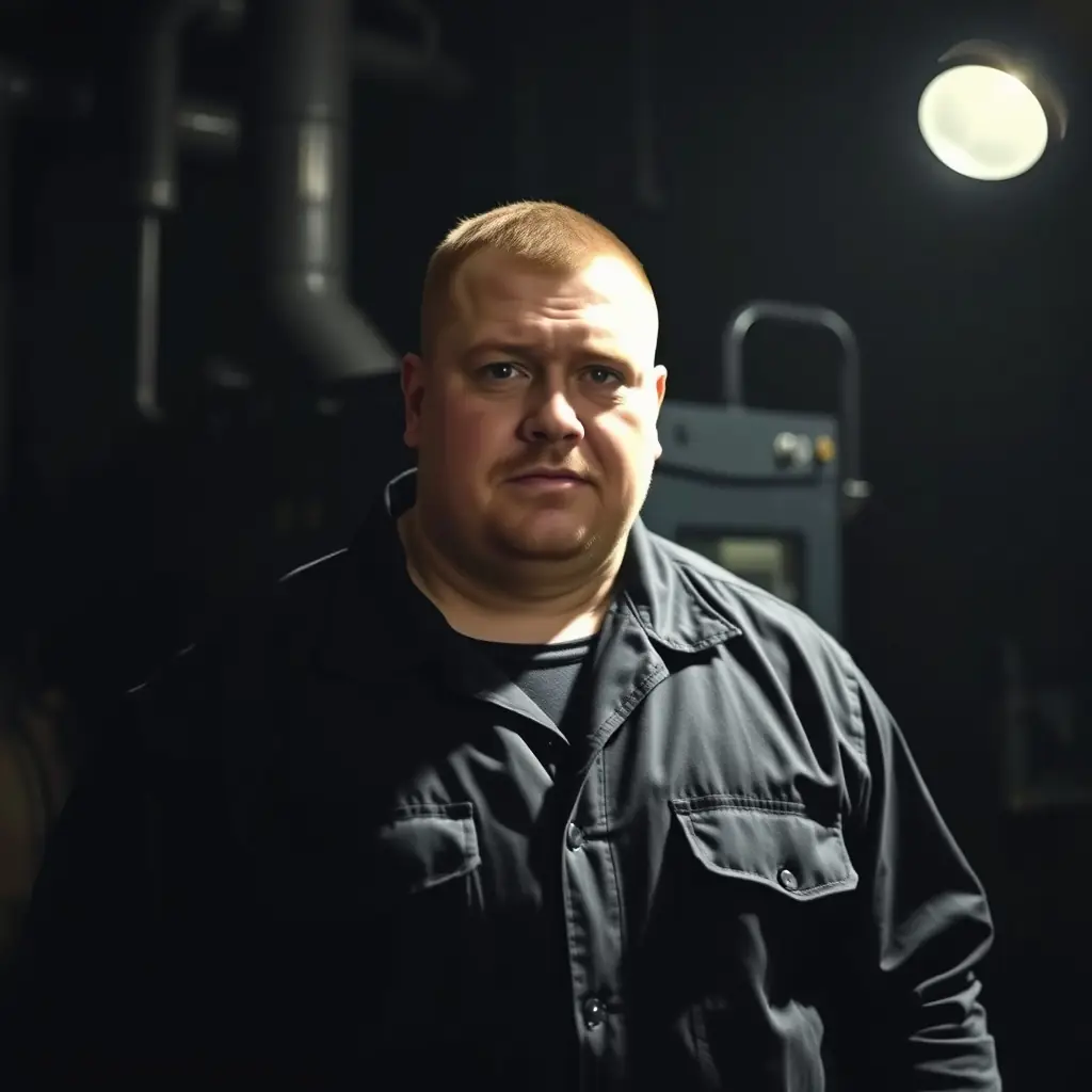 David has a shaved head and a focused expression. He wears a practical uniform and is always on the move.