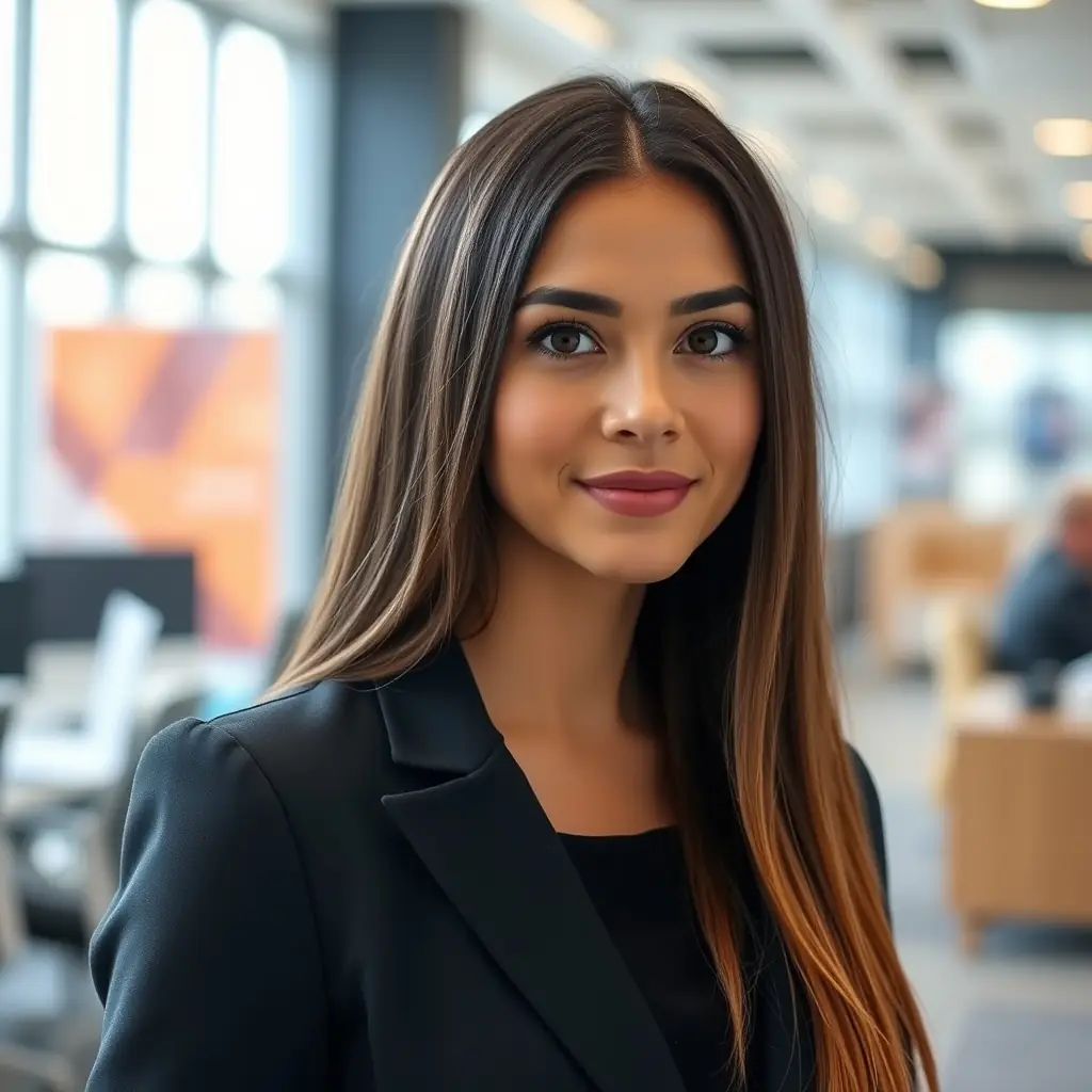 Sofia has long, dark hair and a professional appearance. She is always well-dressed and has a confident smile.