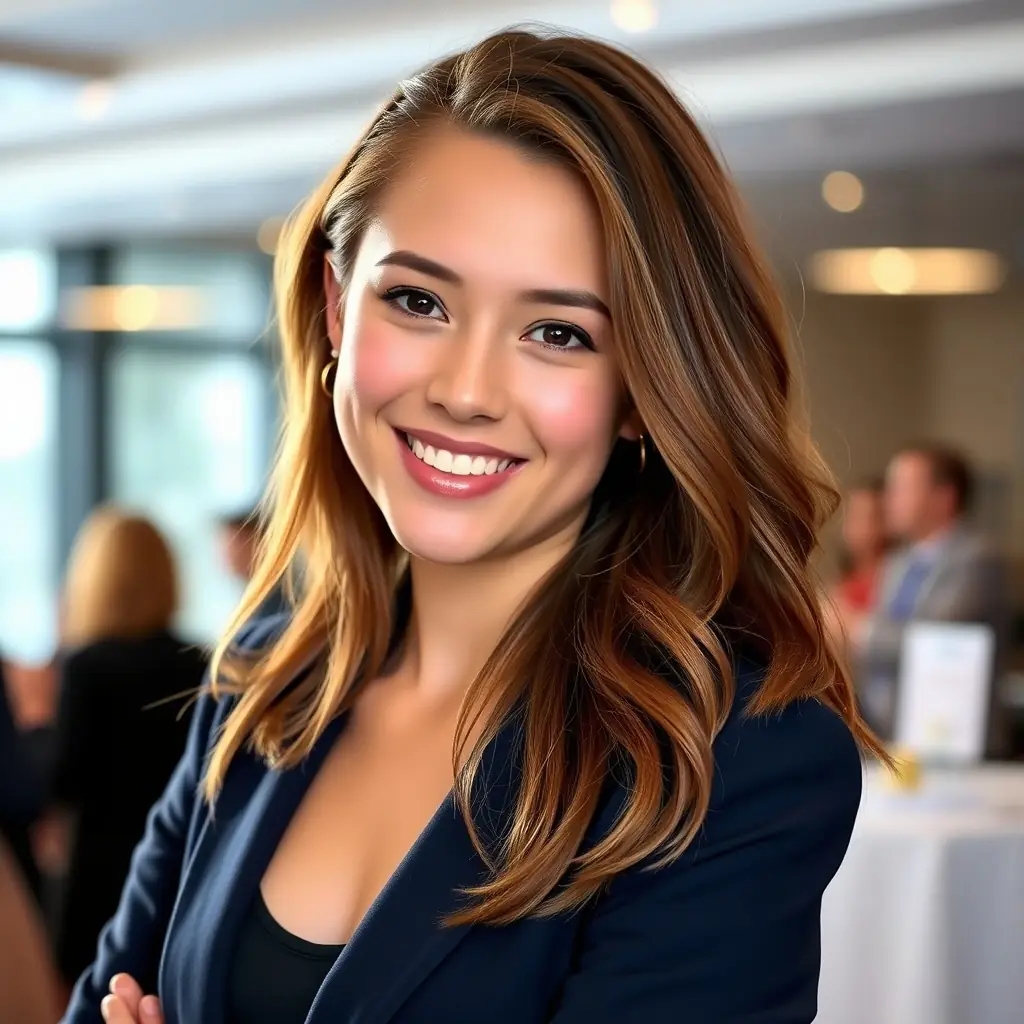 Alessia has short, wavy brown hair and a warm, inviting smile. She wears a stylish blazer and exudes confidence.