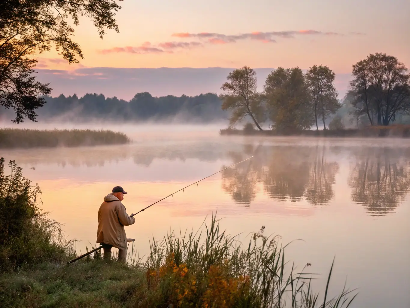 A serene landscape featuring a fisherman in a small boat on calm waters at sunrise, casting a fishing rod. The scene should evoke a sense of peace and adventure.
