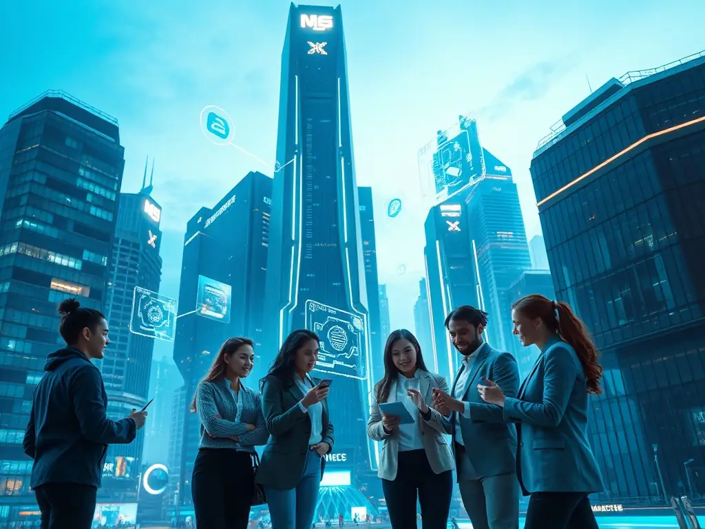 A futuristic rooftop meeting with digital marketing leaders and AI robots, featuring a Meta blimp, an X-wing fighter, and logos of Google, X, Yahoo, Bing, and LinkedIn. An OmegaQube logo shines brightly, symbolizing comprehensive digital marketing solutions.