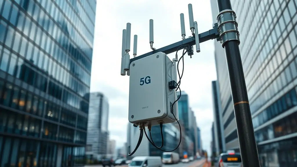 A high-resolution image of a modern 5G outdoor RRU installation in an urban environment, showcasing advanced wireless infrastructure.