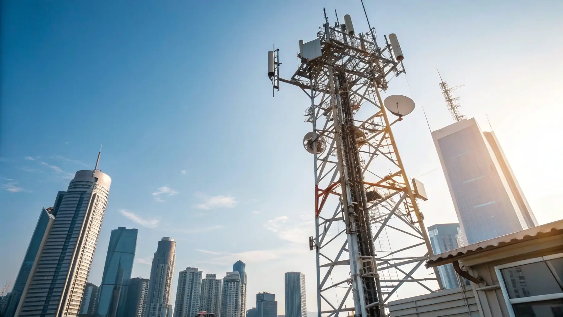 A detailed image of a 5G outdoor integrated gNB with urban deployment background, emphasizing advanced network hardware.
