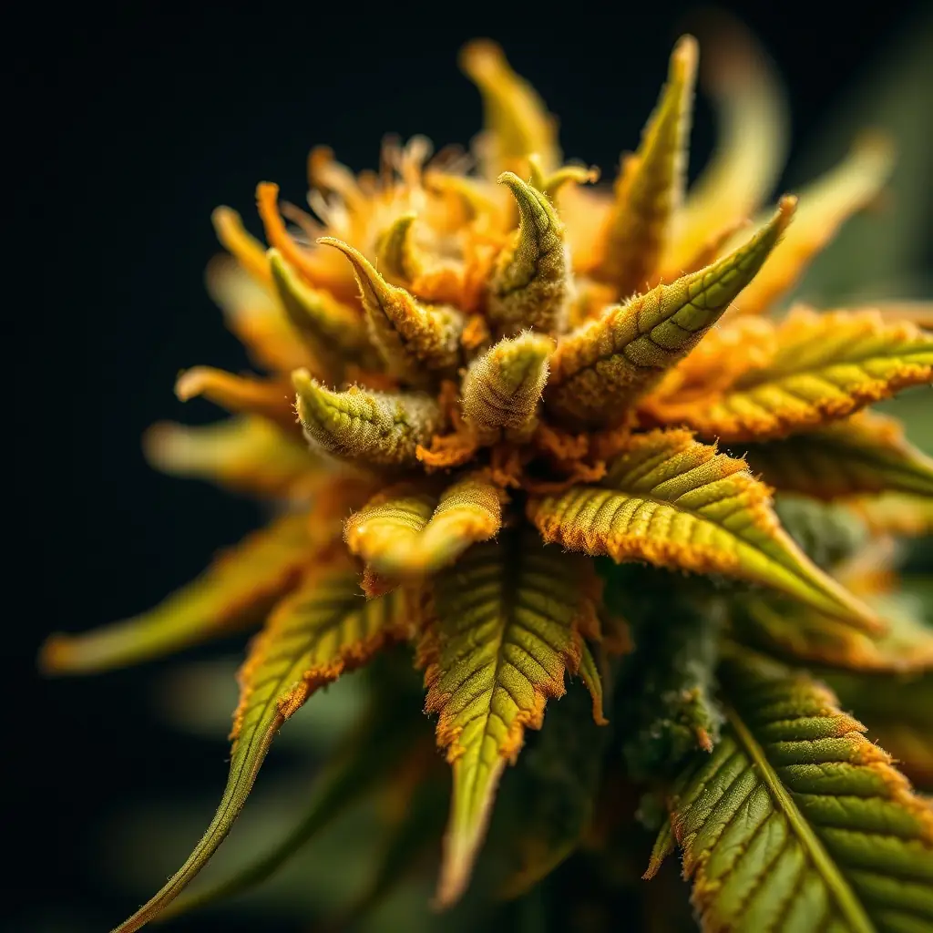 A close-up shot of Maui Magilla Glue Flower DC, showcasing its trichomes and vibrant colors, placed in a well-lit studio setting to emphasize its premium quality.