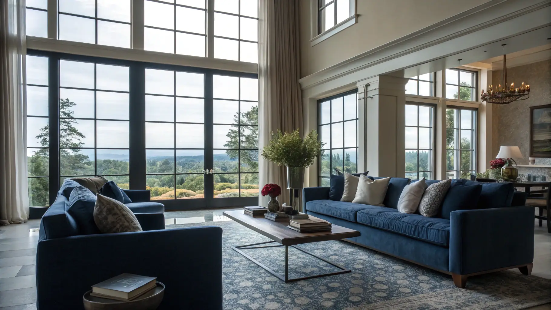 A bright and airy living room with large windows overlooking a lake. The furniture is modern and comfortable, with a focus on natural materials.