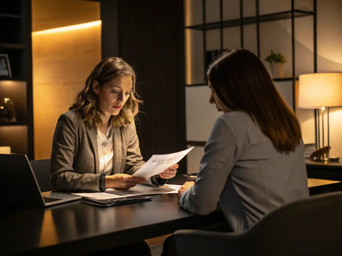 Warm, professional image of a woman reviewing financial documents with a financial advisor