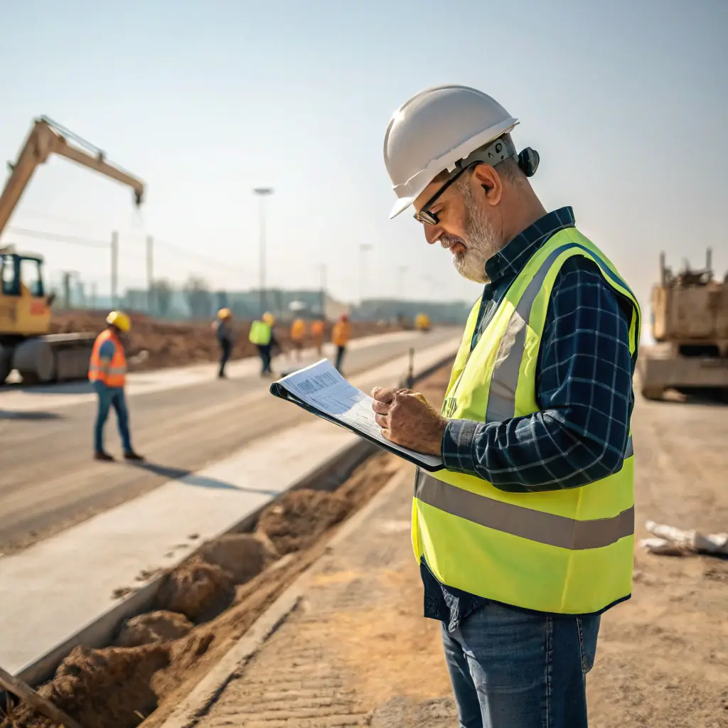 A professional photo of a project manager in a hard hat reviewing shipping schedules and production charts on a digital tablet, with a background of stacked metal products and a world map overlay, conveying global logistics and industrial coordination.